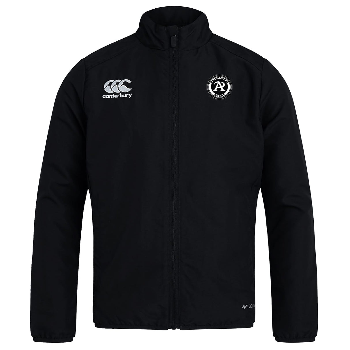 The Atlanta Premier Rugby Club Track Jacket by EMB Canterbury is a lightweight, quick-drying black jacket with long sleeves, a Canterbury logo on the right chest, and a circular "AR" badge on the left—ideal for comfort and performance.