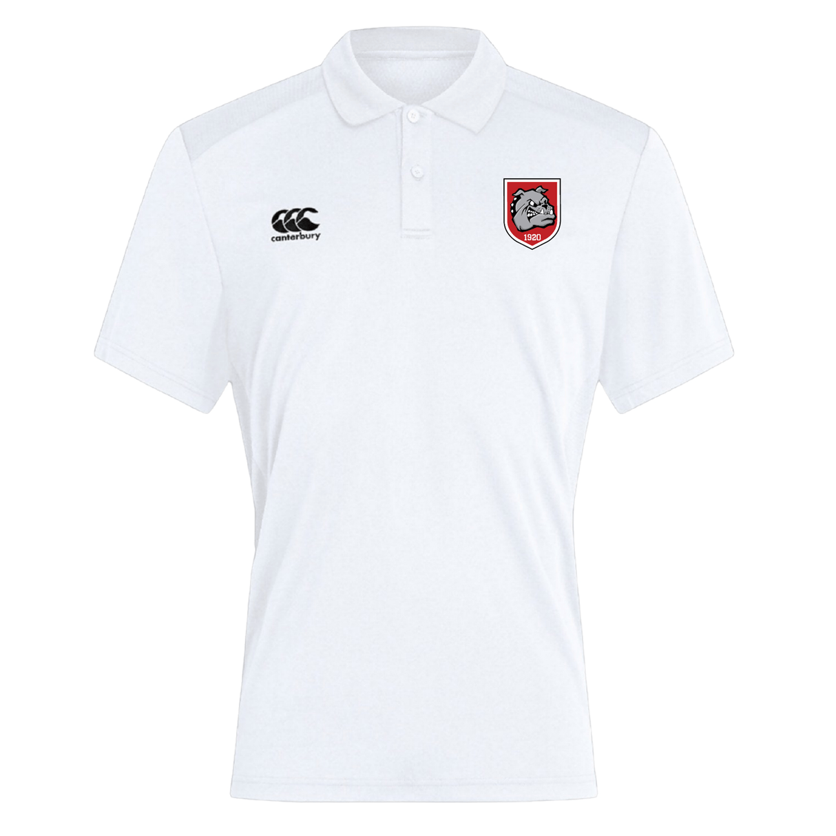 The AG Bulldogs Club Dry Polo by EMB Canterbury is a white, short-sleeved shirt with a black Canterbury logo on the left chest and a red shield rugby emblem featuring a dragon on the right, made with Vapodri Technology for breathable comfort.