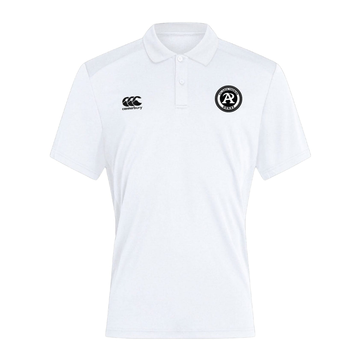 The Atlanta Premier Rugby Club Club Dry Polo by EMB Canterbury is a white, short-sleeve polo with a collar, Vapodri Technology for breathability, a black circular logo on the left chest, and a Canterbury logo on the right chest.