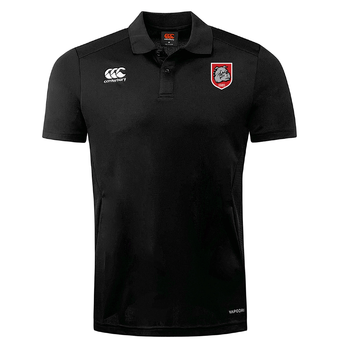 The AG Bulldogs Club Dry Polo by EMB Canterbury features short sleeves, Vapodri Technology for breathability, the Canterbury logo on the right chest, and a red-bordered lion shield on the left to keep you cool and comfortable.