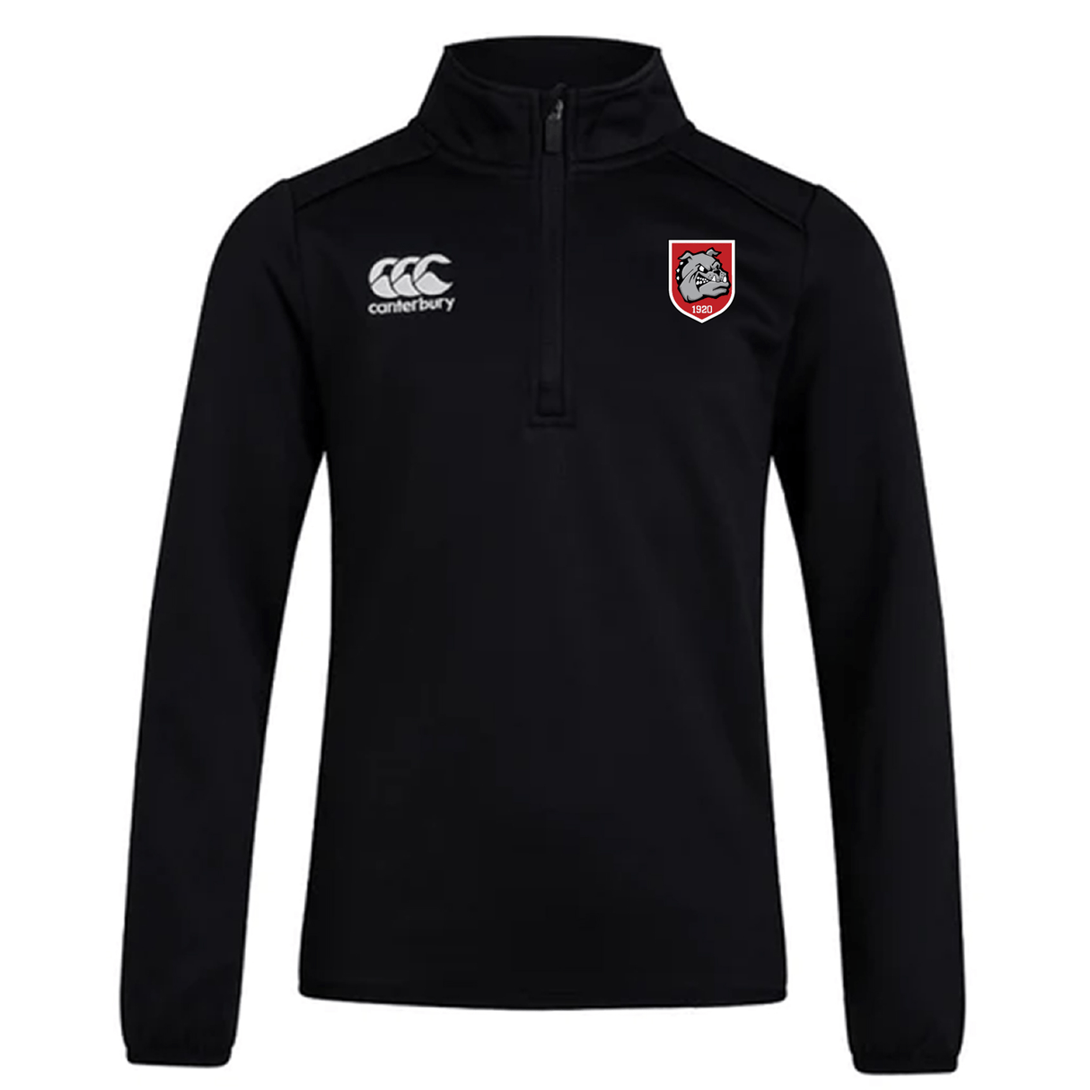 The AG Bulldogs Club 1/4 Zip Mid Layer Training Top by EMB Canterbury features soft black fleece, a Canterbury logo on the right chest, and a red and white Bulldogs crest on the left chest.