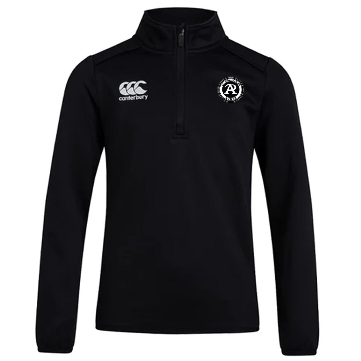 The Atlanta Premier Rugby Club 1/4 Zip Mid Layer Training Top by EMB Canterbury is a black long-sleeve pullover with Canterbury and circular "R" patch logos, perfect for rugby training.