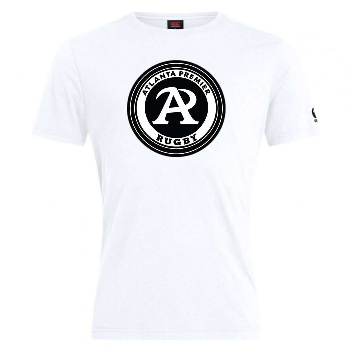 The Atlanta Premier Rugby Club Plain Tee by WRS Canterbury is a white cotton blend shirt with a black and white "Atlanta Premier Rugby" logo featuring a large "A" in the center, offering comfort and classic style.