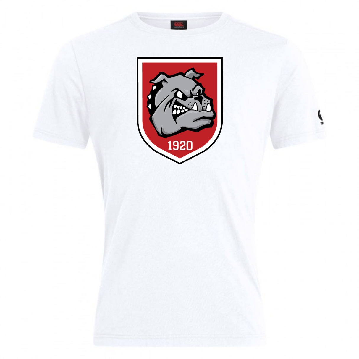 The AG Bulldogs Club Plain Tee by WRS Canterbury features a red shield with a bulldog head and "1920" below, crafted from a soft cotton blend for comfort.