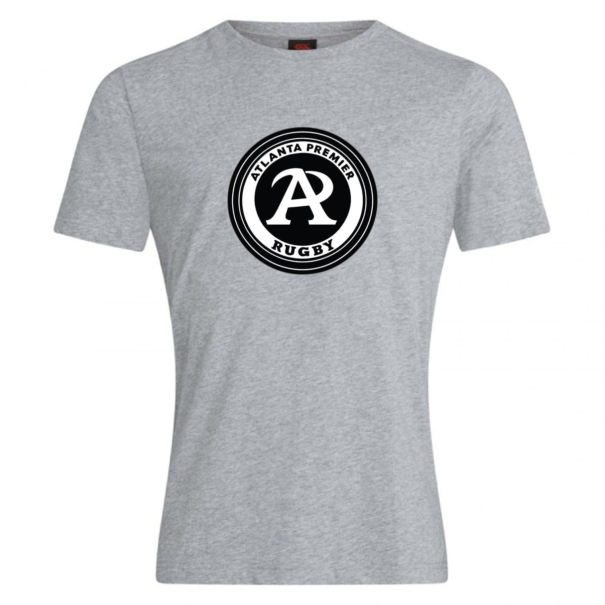 The Atlanta Premier Rugby Club Club Plain Tee by WRS Canterbury is a gray cotton blend shirt with a circular black and white "Atlanta Premier Rugby" logo featuring a large "A" in the center on the chest.
