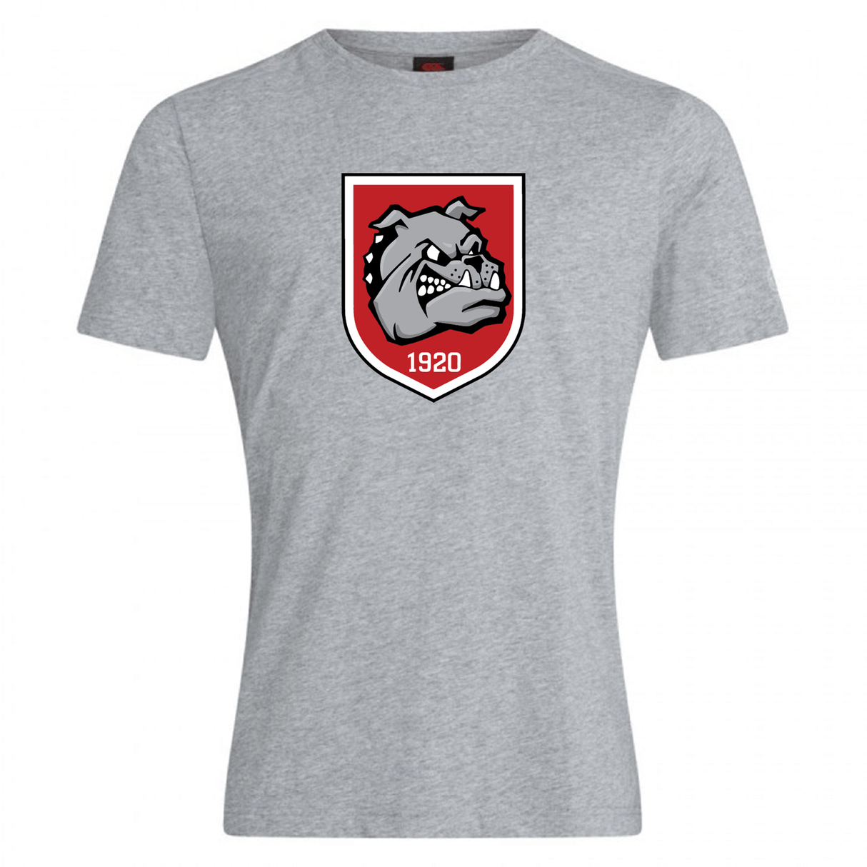 The AG Bulldogs Club Plain Tee by Canterbury from WRS Canterbury is a gray cotton blend t-shirt with a red and white shield, bulldog graphic, and "1920" on the front—ideal for fans or as part of your CCC Club Plain T-shirt collection.