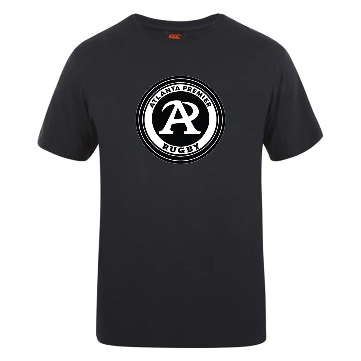 The Atlanta Premier Rugby Club Plain Tee by WRS Canterbury is a black cotton blend shirt featuring a front circular "Atlanta Premier Rugby" logo with a bold "A" at the center.