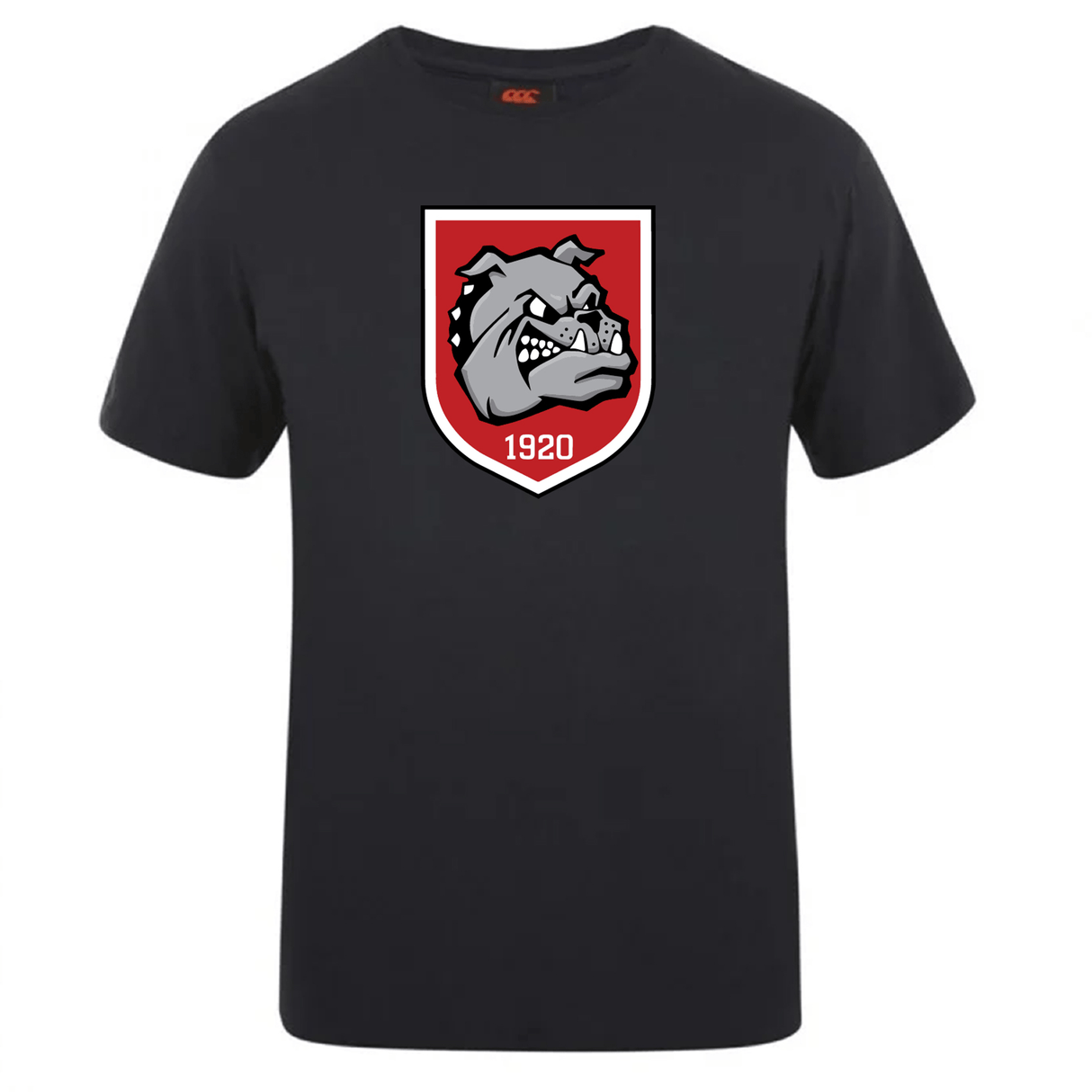 The AG Bulldogs Club Plain Tee by WRS Canterbury is a black cotton blend T-shirt featuring a shield emblem with a snarling bulldog and "1920" printed on a red background at the center of the chest.