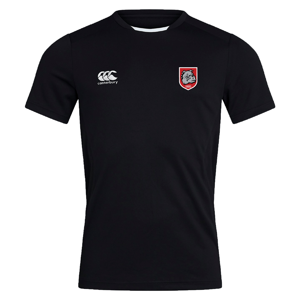 The AG Bulldogs Club Dry Tee by EMB Canterbury is a black workout T-shirt with a white Canterbury logo on the right chest and a red and white wolf emblem patch on the left.
