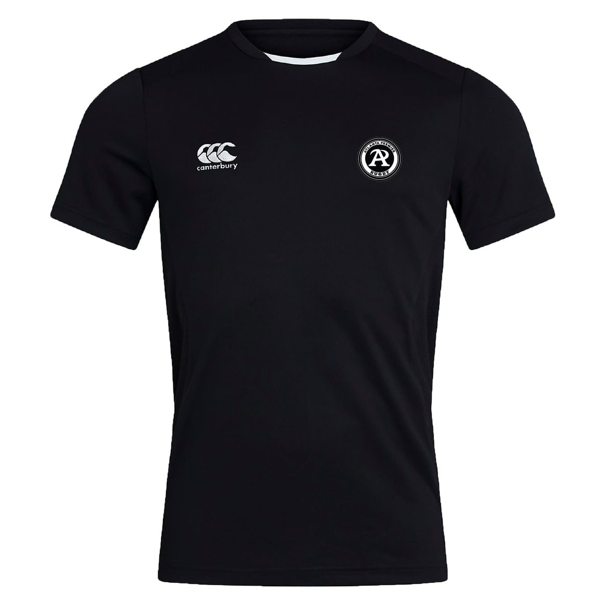 The Atlanta Premier Rugby Club Club Dry Tee by EMB Canterbury is a black short-sleeved, round-neck t-shirt with a Canterbury logo on the right chest and "AR" emblem on the left, featuring breathable Vapodri Technology for comfort.