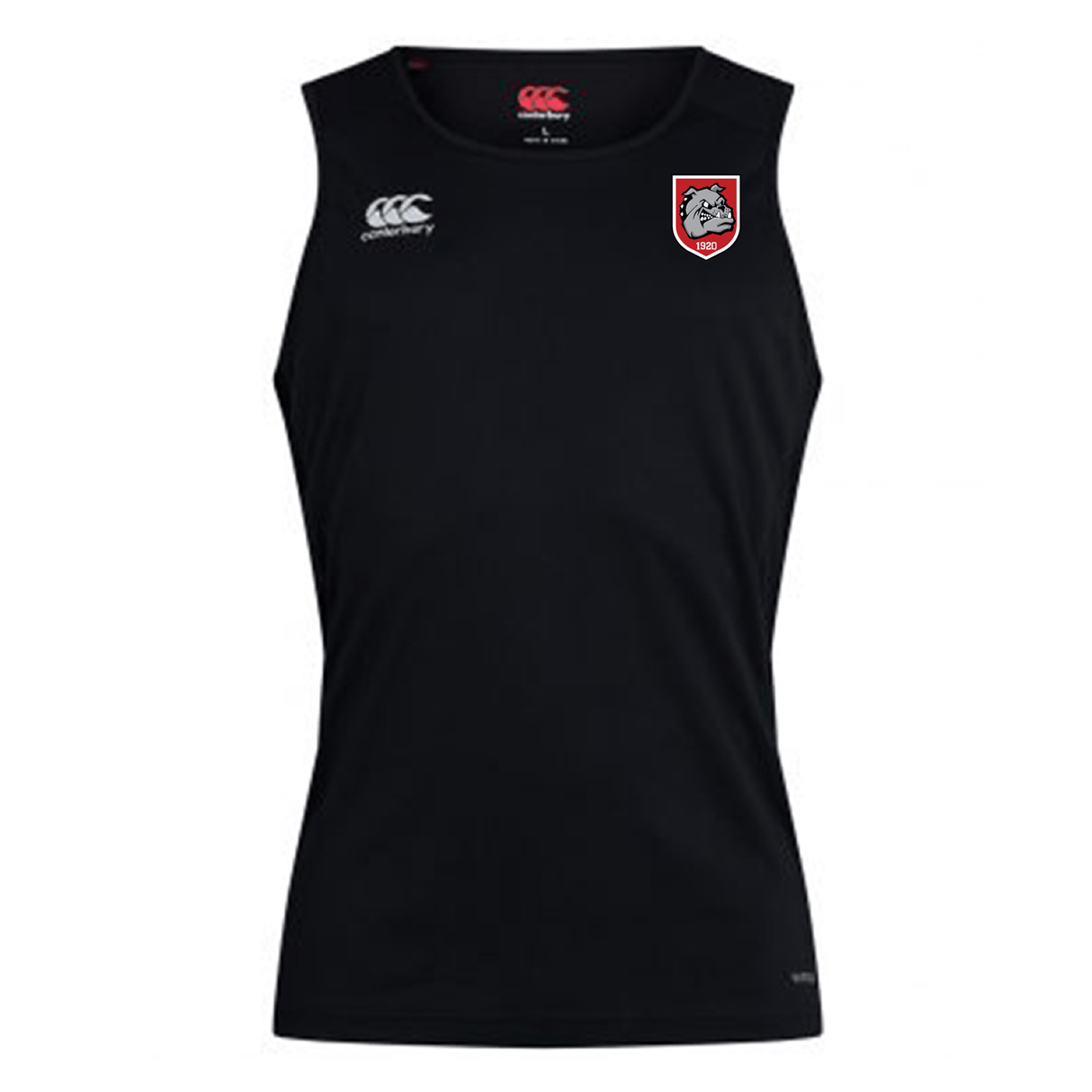 The AG Bulldogs Club Dry Singlet by EMB Canterbury features Vapodri Technology, a white Canterbury logo on the right chest, and a red and white shield crest on the left—perfect athletic gear for high-performance workouts.