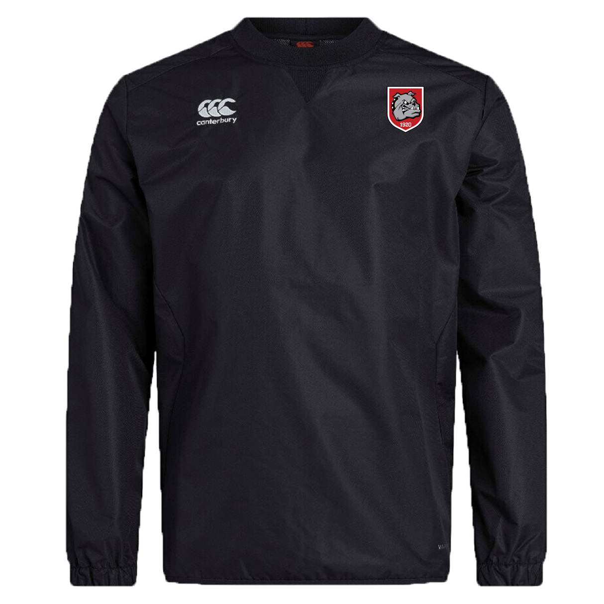 The AG Bulldogs Club Vaposhield Contact Top by EMB Canterbury features a black long sleeve design, Canterbury logo on the right chest, and a red-and-white dragon crest on the left, crafted with Vaposhield technology for enhanced performance.