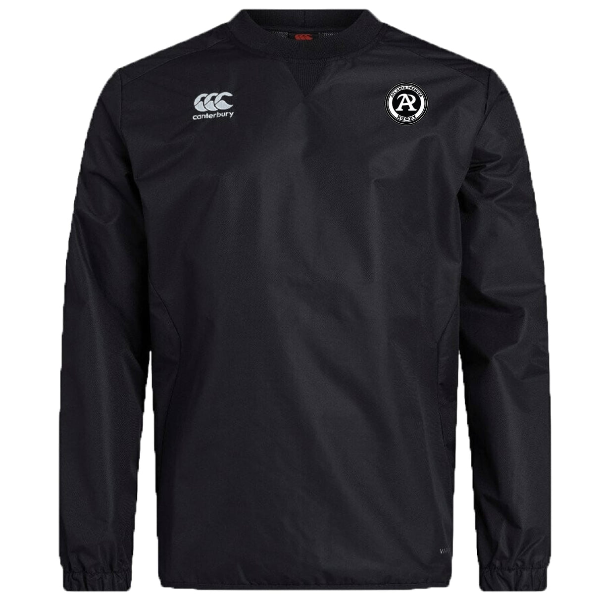 The Atlanta Premier Rugby Club Vaposhield Contact Top by EMB Canterbury is a black long-sleeve pullover featuring the Canterbury logo on the right chest and a round team emblem on the left—perfect as a custom rugby top.