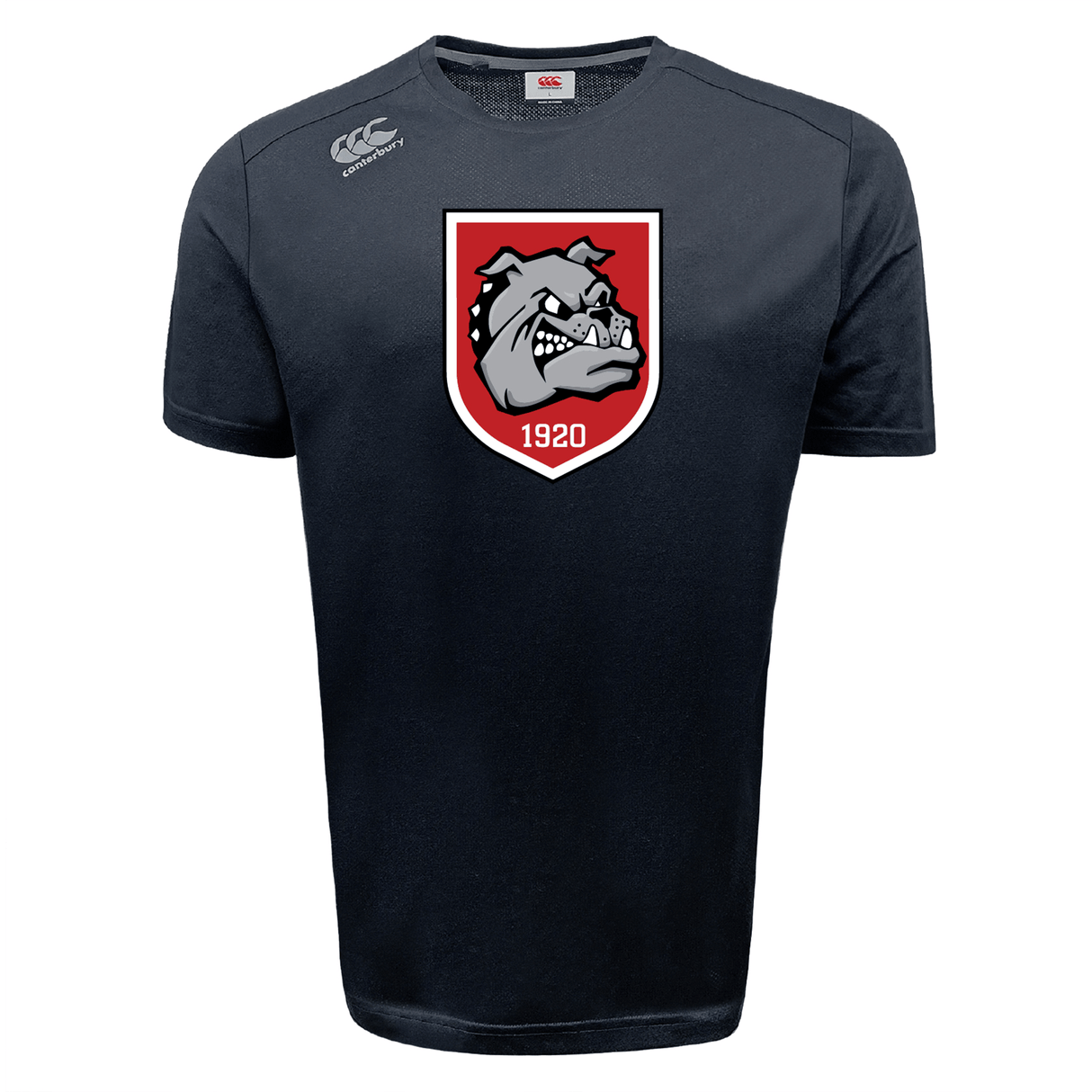 The AG Bulldogs Tempo Vapodri T-Shirt by WRS Canterbury features a bold bulldog emblem with "1920" on a red shield at the chest, plus a small brand logo on the right shoulder. This moisture-wicking sports tee is designed for peak athletic performance.