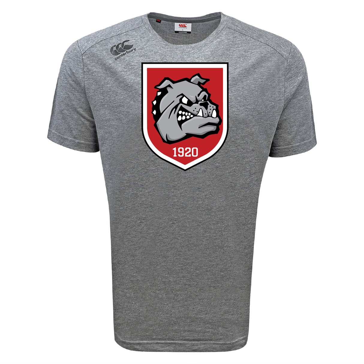 The AG Bulldogs Tempo Vapodri T-Shirt by WRS Canterbury is a gray, moisture-wicking sports tee with a bold bulldog shield logo and "1920" on the chest.