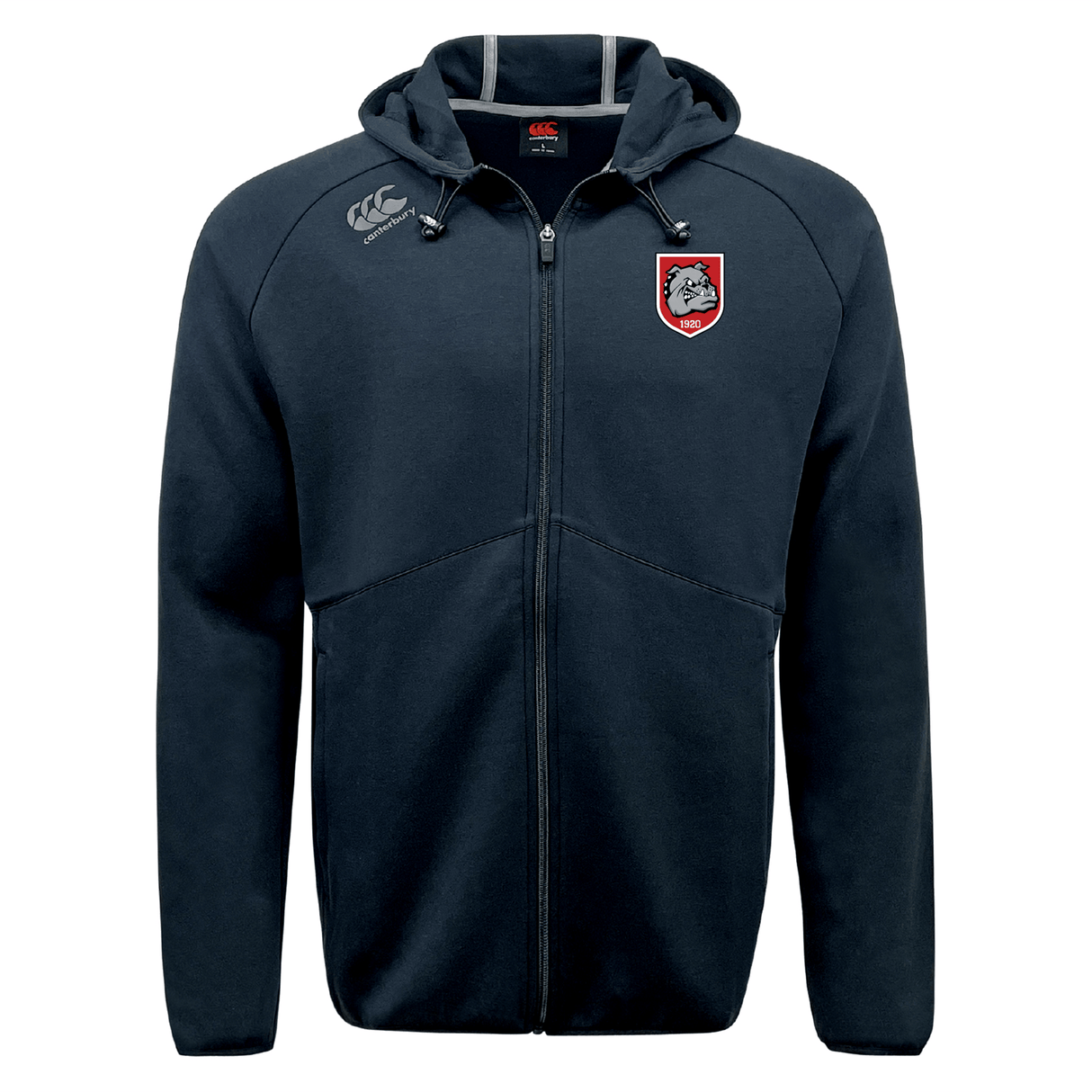 The AG Bulldogs Tempo Vapodri Full-Zip Hoodie by EMB Canterbury features a black design with a hood, drawstrings, CCC logo on the right chest, and the Bulldogs’ red and white crest—crafted with moisture-wicking fabric for comfort anywhere.