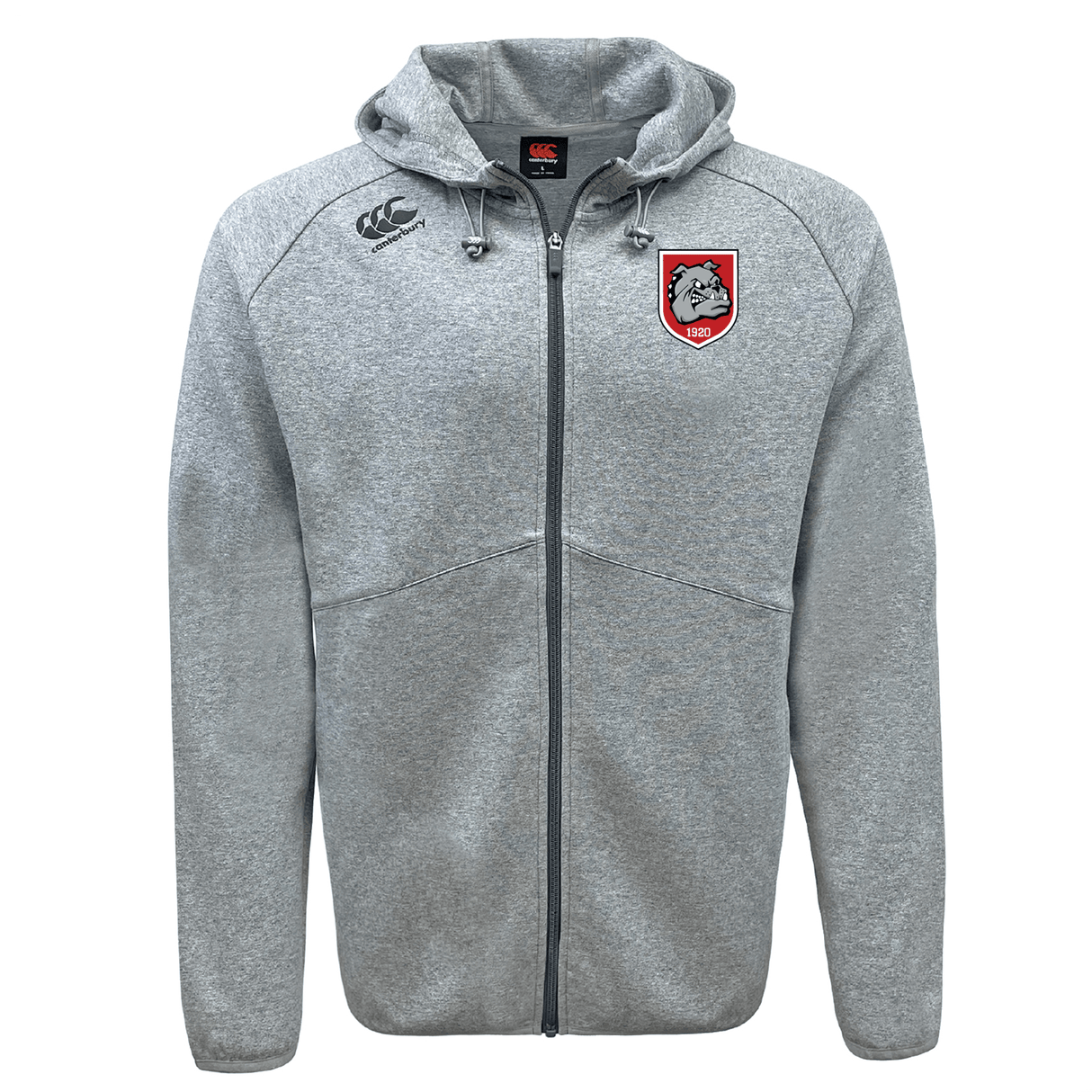 The AG Bulldogs Tempo Vapodri Full-Zip Hoodie by EMB Canterbury is a gray hoodie with a black Canterbury logo on the right chest and a red-and-white dragon emblem on the left. Its moisture-wicking fabric keeps you comfortable in any activity.