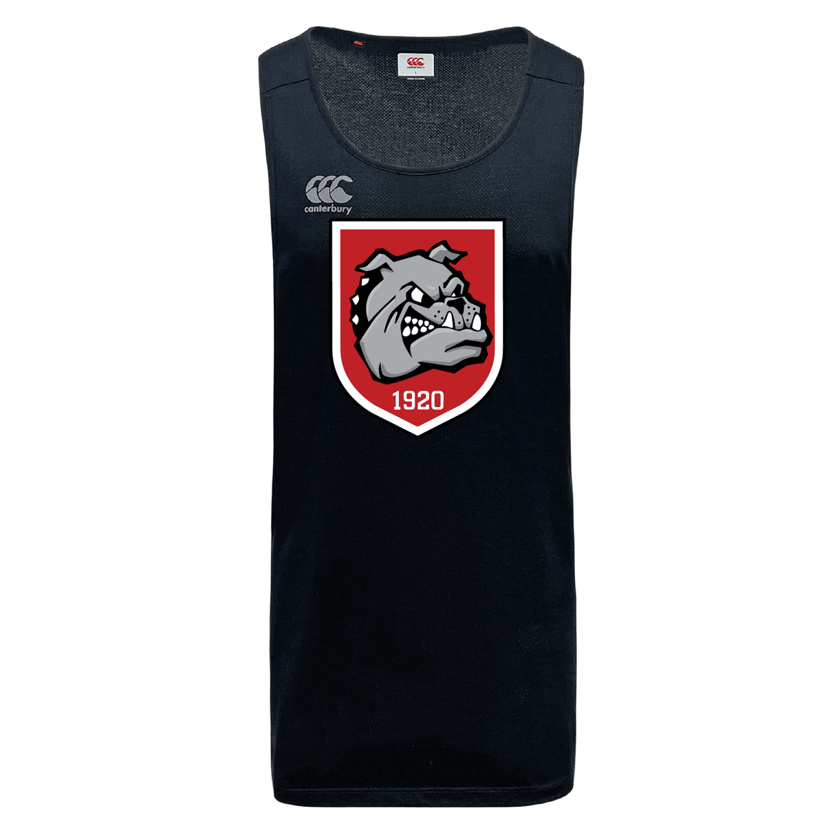 The AG Bulldogs Tempo Vapodri Singlet by WRS Canterbury is a sleeveless black athletic tank with a bold bulldog logo and "1920" on the chest, Canterbury logo on the right shoulder, made from recycled polyester for sustainable performance.