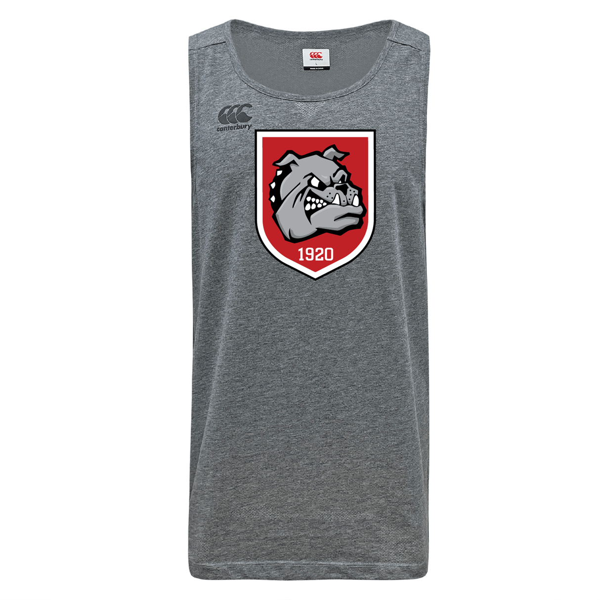 The AG Bulldogs Tempo Vapodri Singlet by WRS Canterbury is a gray sleeveless top with a bulldog logo and "1920" on a red shield, made from recycled polyester for eco-friendly, high-performance athletics.