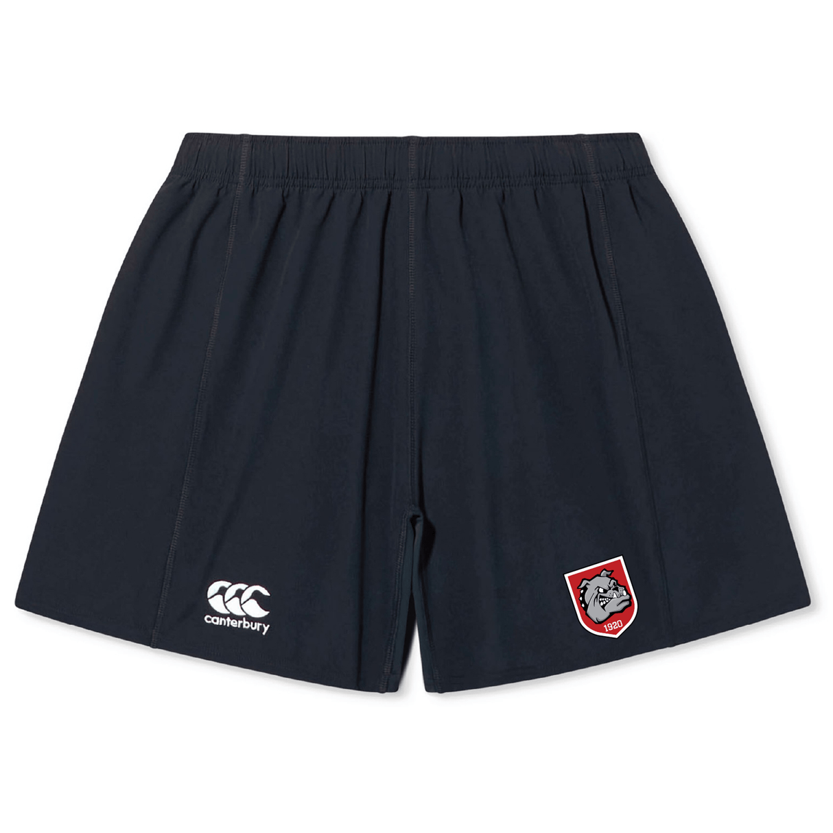 The AG Bulldogs Yokohama Short by Canterbury features the EMB Canterbury logo on the left leg and a bulldog crest on the right leg.