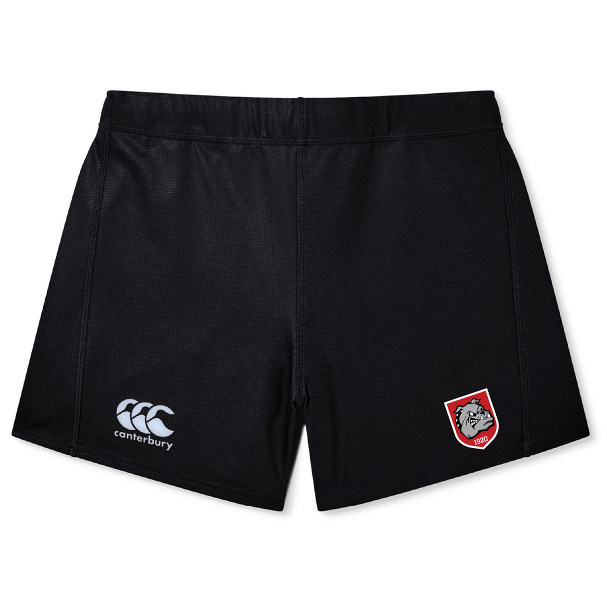 The AG Bulldogs Women's Yokohama Short by EMB Canterbury features a white Canterbury logo on the left leg and a red shield bulldog crest on the right, inspired by classic styles—ideal for women's rugby.