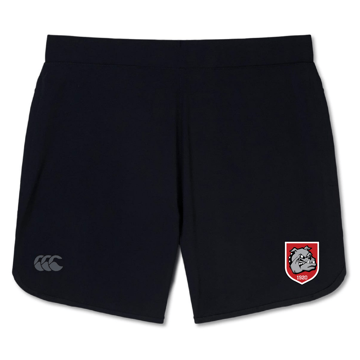 The AG Bulldogs Women's Elite Woven Short by EMB Canterbury features zippered pockets, a white Canterbury logo on the left leg, and a red/white bulldog crest—perfect women's gym shorts for workouts or casual wear.