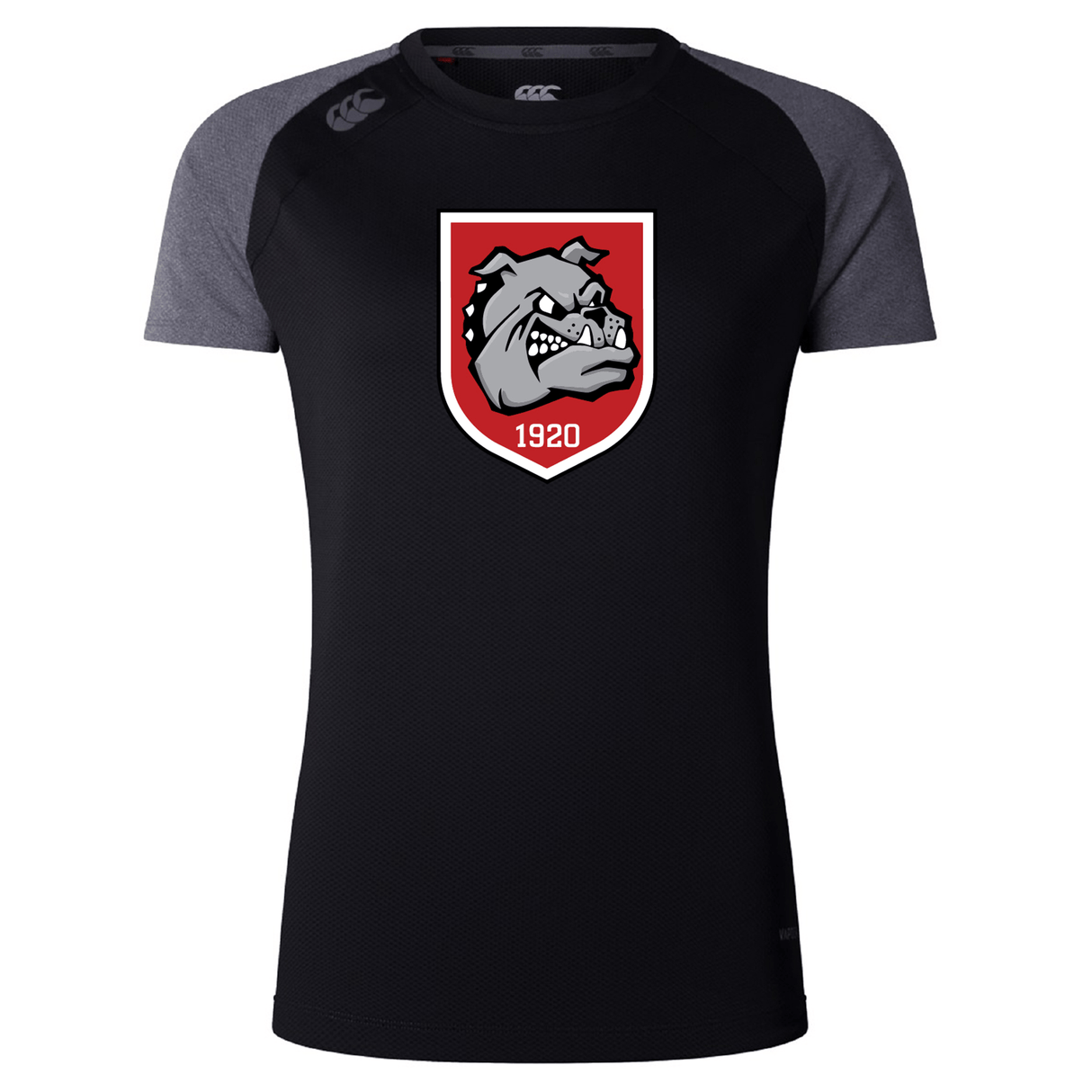 The AG Bulldogs Women's Elite Training Tee by WRS Canterbury is a black and dark gray lightweight short-sleeve sports shirt featuring a red and white bulldog crest with "1920" on the chest.