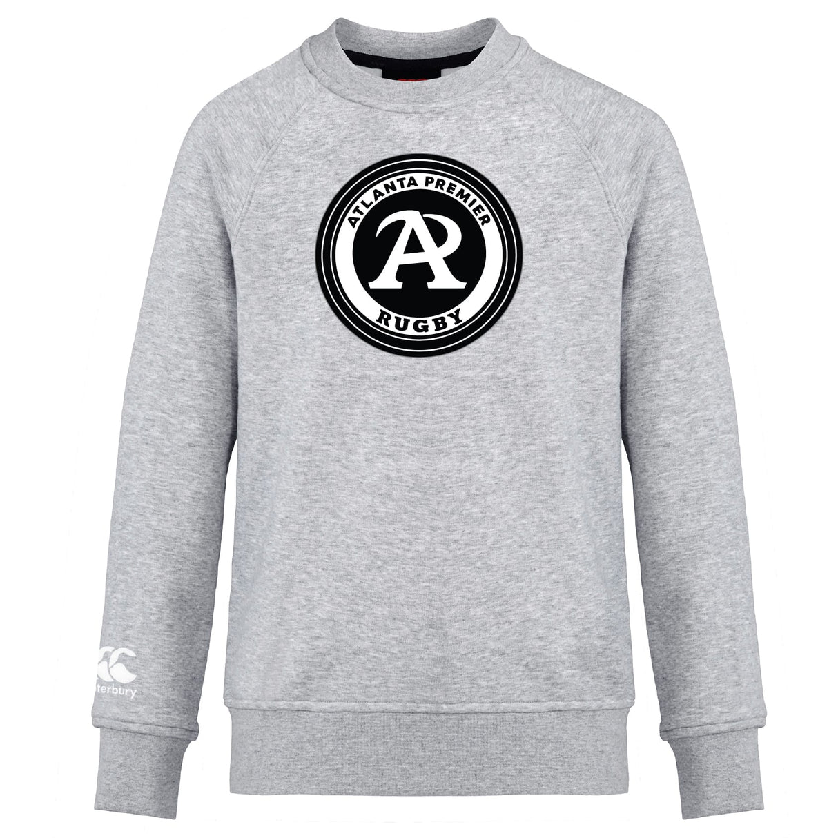 The Atlanta Premier Rugby Club Crew Sweatshirt by WRS Canterbury features a light gray design, black and white "Atlanta Premier Rugby" chest logo, and an embroidered white CCC logo on the ultra-soft left sleeve.