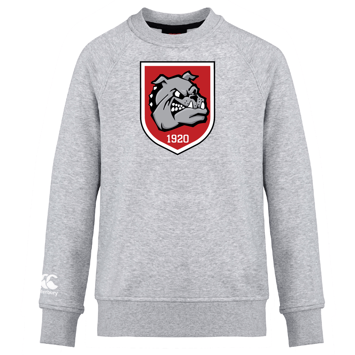The AG Bulldogs Club Crew Sweatshirt by WRS Canterbury is a gray ultra-soft sweatshirt with a large snarling bulldog and "1920" badge on the chest and a small embroidered CCC logo on the left sleeve.