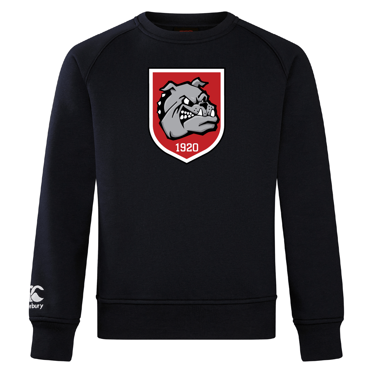 The AG Bulldogs Club Crew Sweatshirt by WRS Canterbury features a bold bulldog head on a red shield, "1920" on the chest, and an embroidered CCC logo on the ultra-soft left sleeve.