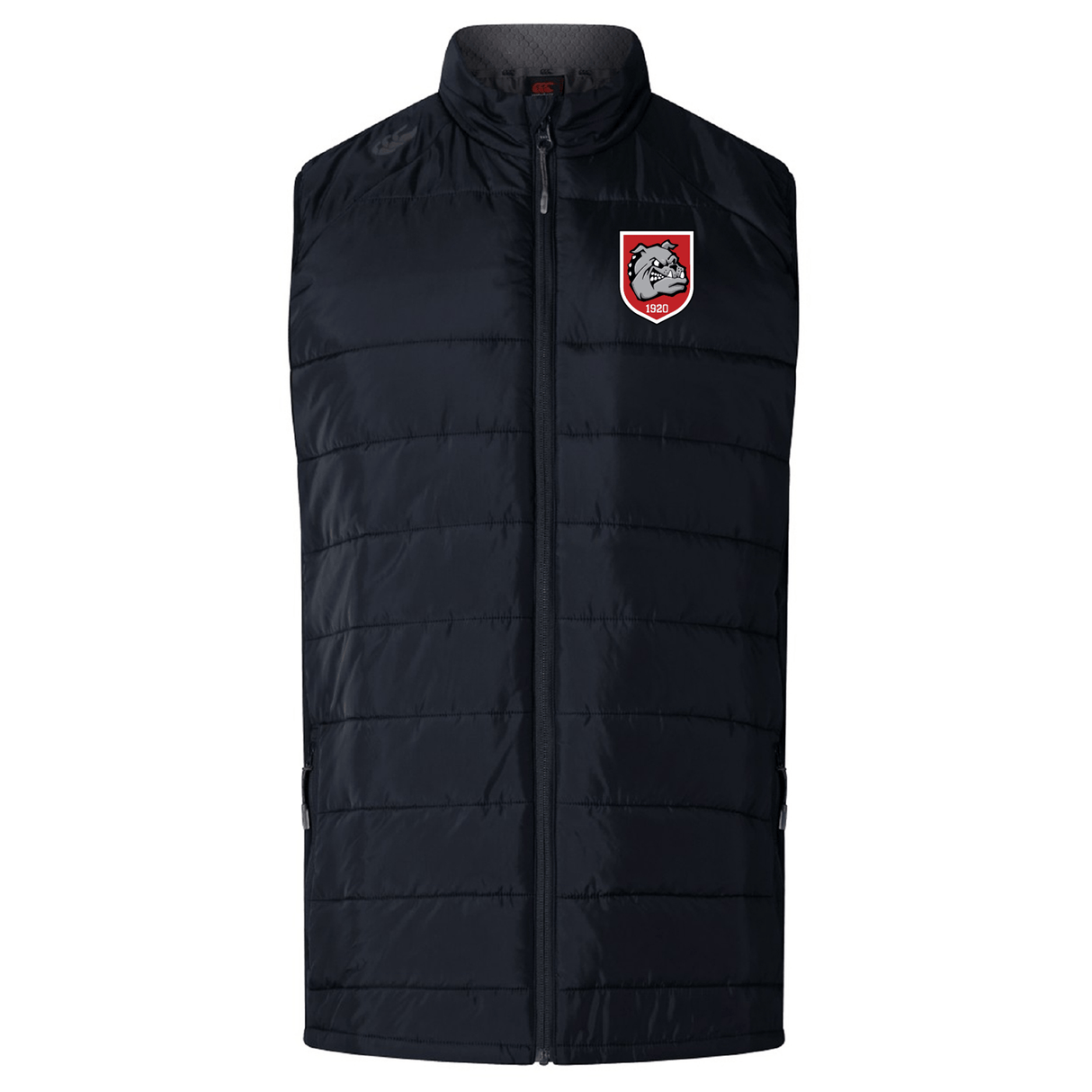 The AG Bulldogs Elite Microlite Gilet by EMB Canterbury is a black insulated hybrid vest with a quilted design, front zipper, and features a red and white bulldog emblem on the left chest.