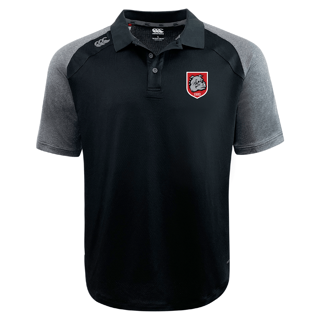 The AG Bulldogs Elite Polo by EMB Canterbury features lightweight, durable Vapodri fabric, a three-button collar, and a bulldog crest patch on the left chest in black and grey.