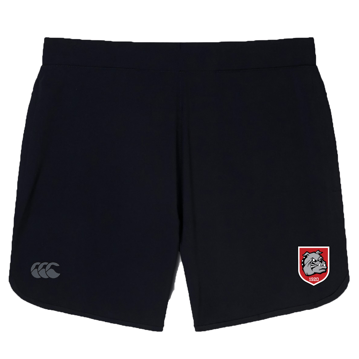 The AG Bulldogs Elite Woven Short by EMB Canterbury features a black design, zippered pockets, a Canterbury logo on the left leg, and a red-and-white bulldog badge on the right leg.