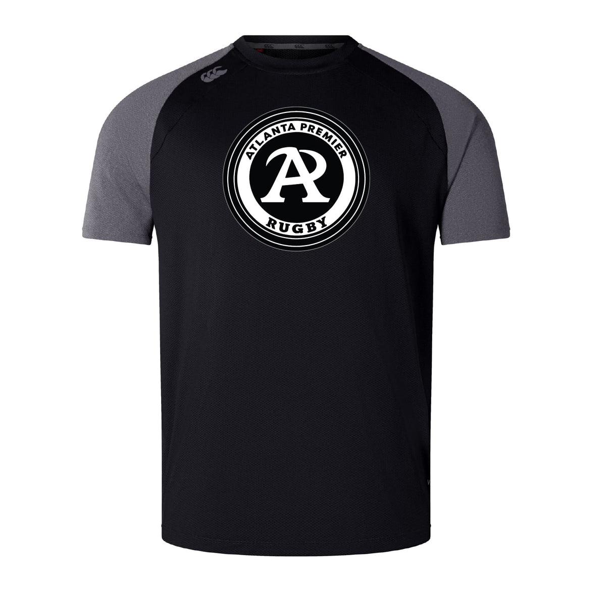 The WRS Canterbury Atlanta Premier Rugby Club Elite Training Tee is a black and gray short-sleeve top with a circular front logo, crafted from Vapodri fabric for lightweight comfort during workouts.