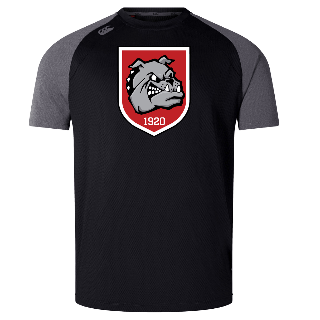 The AG Bulldogs Elite Training Tee by WRS Canterbury features a large bulldog logo and "1920" in a red shield on the chest. Made from lightweight, durable Vapodri fabric for superior comfort. Short-sleeve with black and dark gray design.