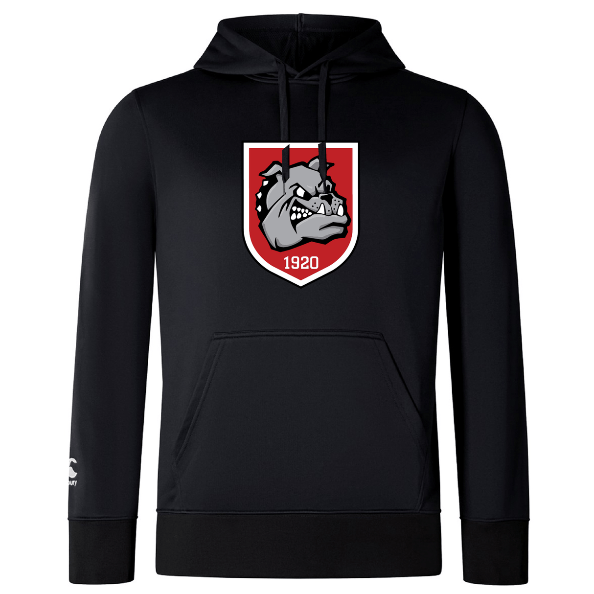 The AG Bulldogs Club Lightweight Hoodie by WRS Canterbury is a black hoodie featuring a bulldog graphic with a red shield and "1920" on the chest, kangaroo pocket, and the Canterbury Club white logo on the left sleeve cuff.