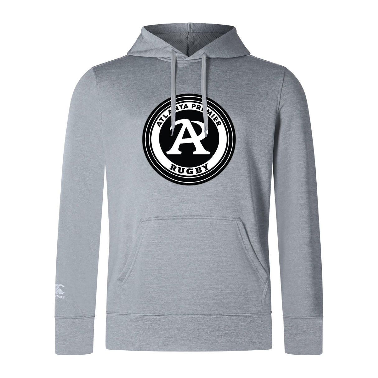 The Atlanta Premier Rugby Club Club Lightweight Hoodie by WRS Canterbury is light gray, featuring a large circular "Atlanta Premier Rugby" logo with a bold "A" on the chest and an embroidered CCC logo for extra style.