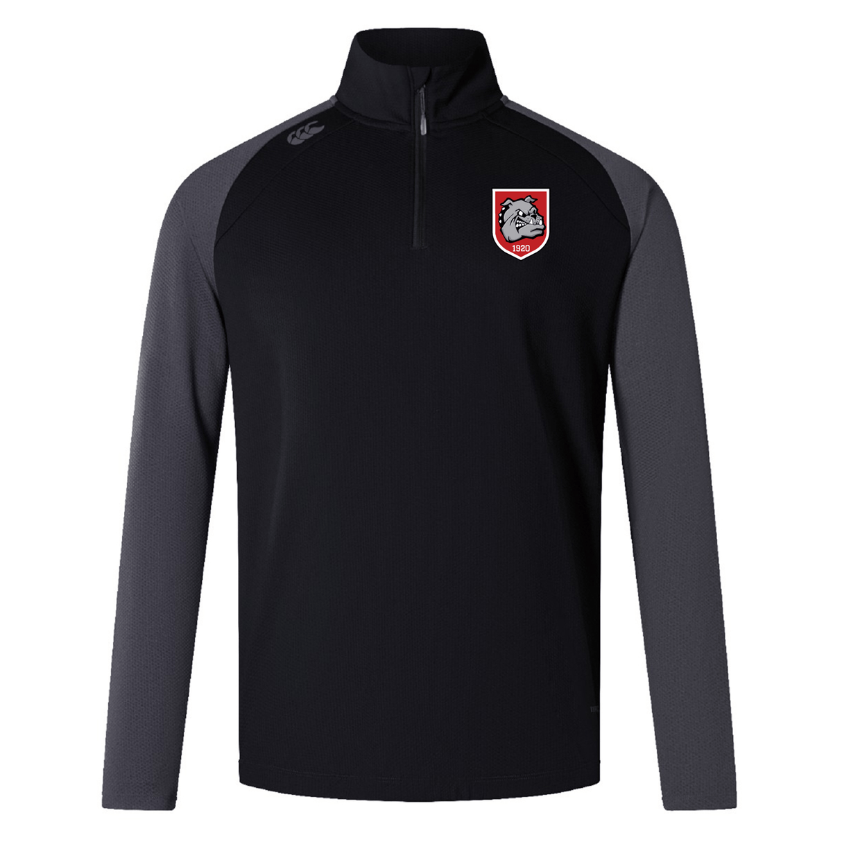 The EMB Canterbury AG Bulldogs Elite First Layer is a black and dark gray rugby training top with VapoDri technology, a quarter-zip neckline, and a bulldog logo crest on the left chest.