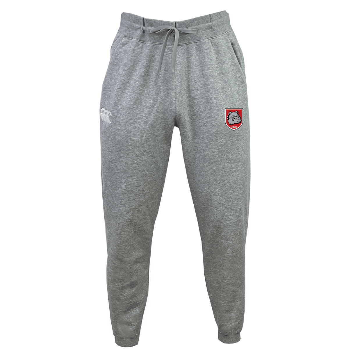 The AG Bulldogs Leisure Sweatpant by EMB Canterbury features a drawstring waist, sustainable light grey fleece, a white logo on the left thigh, and a red and white bulldog crest on the right thigh.