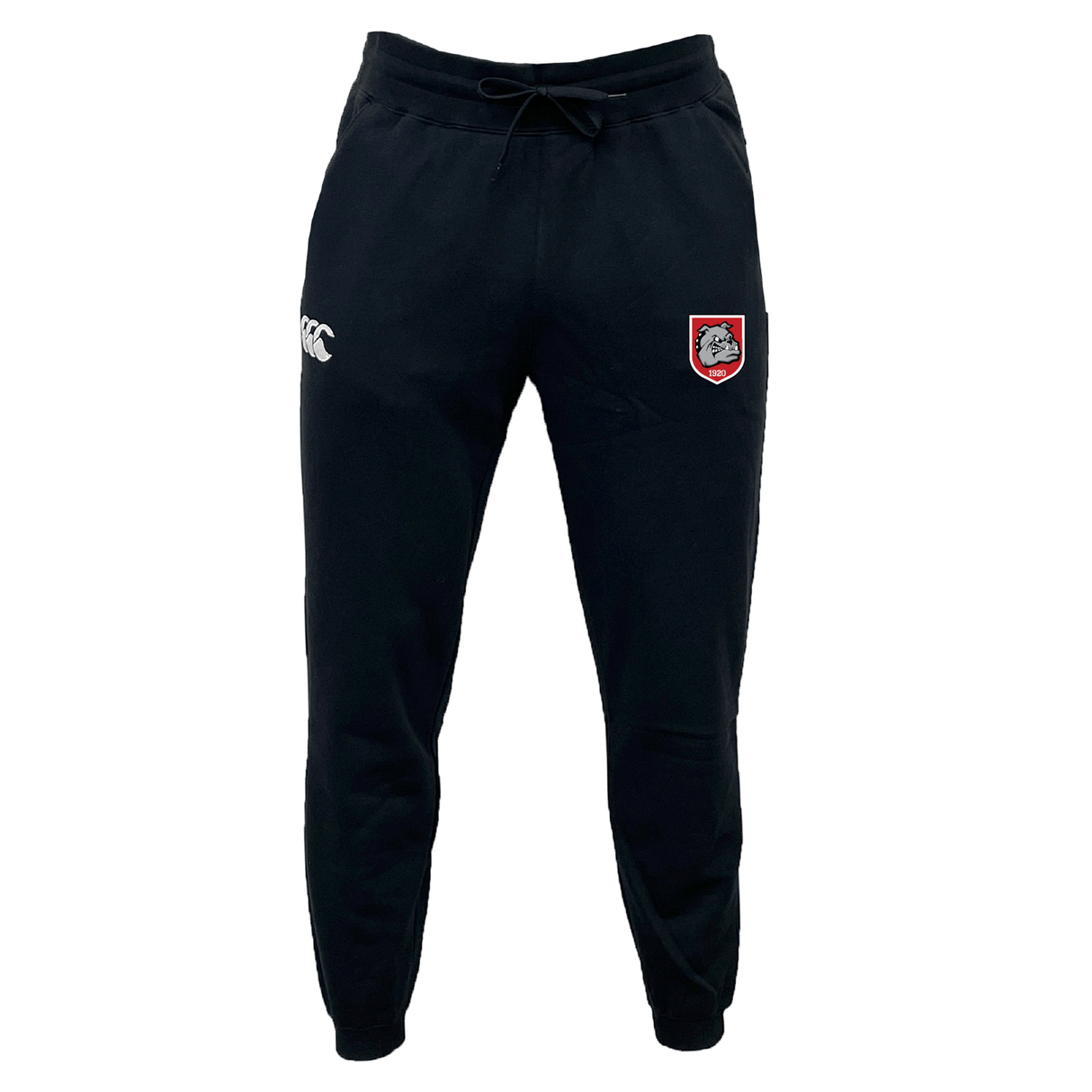 The AG Bulldogs Leisure Sweatpant by EMB Canterbury features a drawstring waist, white Canterbury logo on the right thigh, and a red and white shield with a dog—crafted from sustainable fleece for comfort and style.