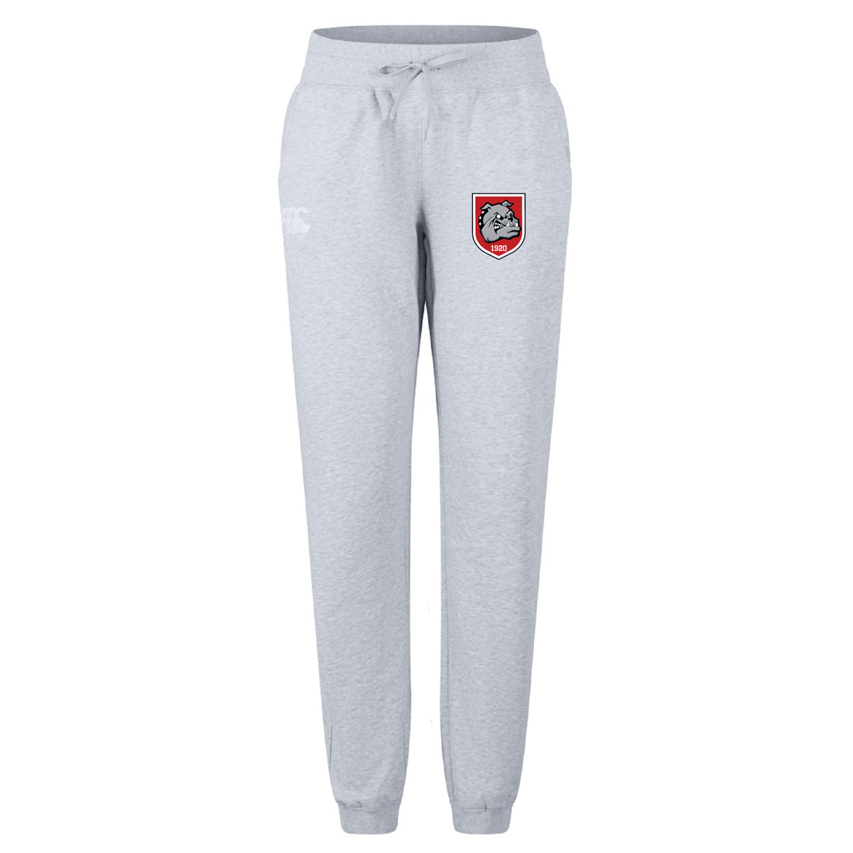 The AG Bulldogs Women's Leisure Sweatpant by EMB Canterbury features light gray organic cotton, an elastic waistband, drawstring, and a bulldog logo patch on the left thigh.