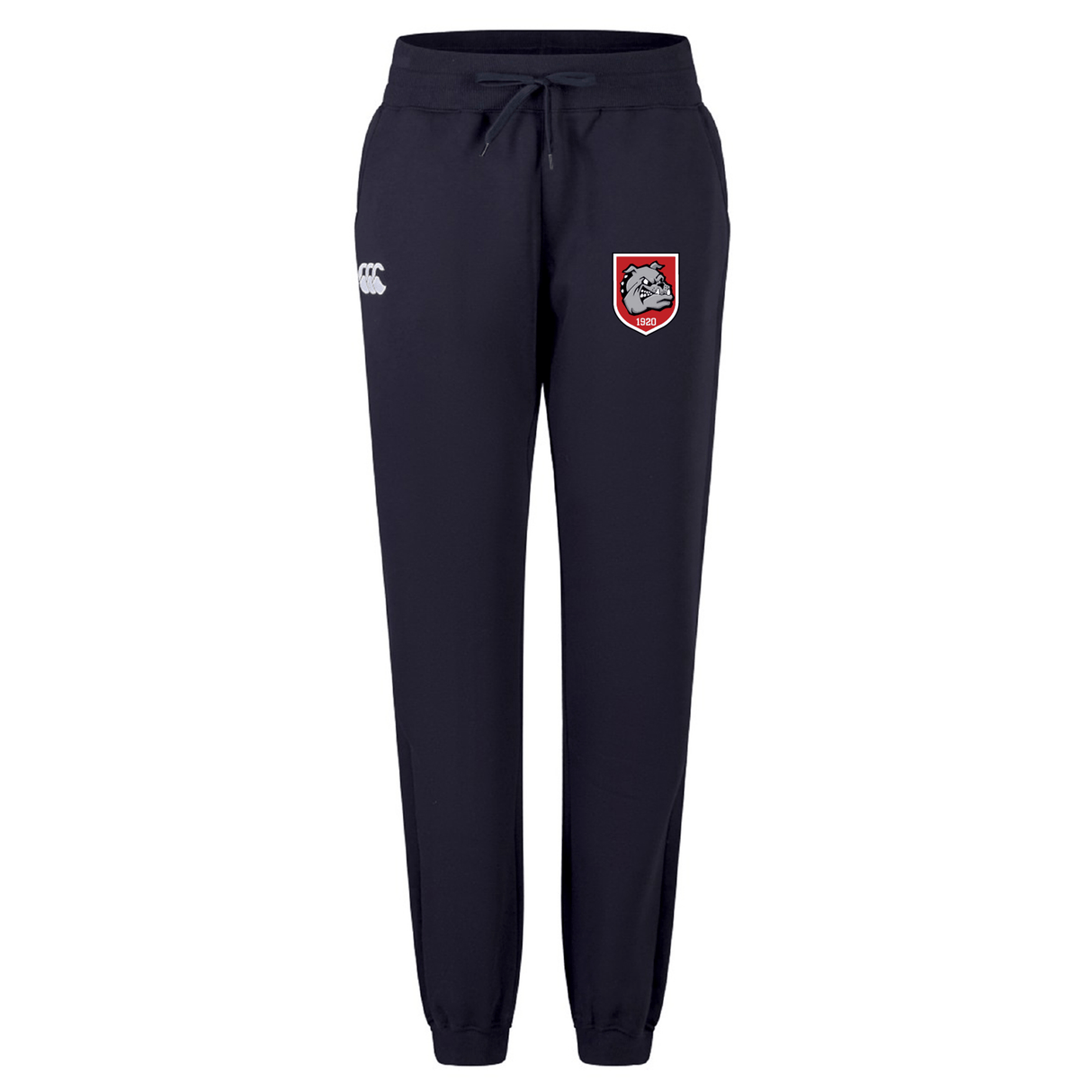 The AG Bulldogs Women's Leisure Sweatpant by EMB Canterbury features elastic cuffs, a drawstring waist, a white logo on the left thigh, and an embroidered bulldog crest—ideal for leisure or rugby training.