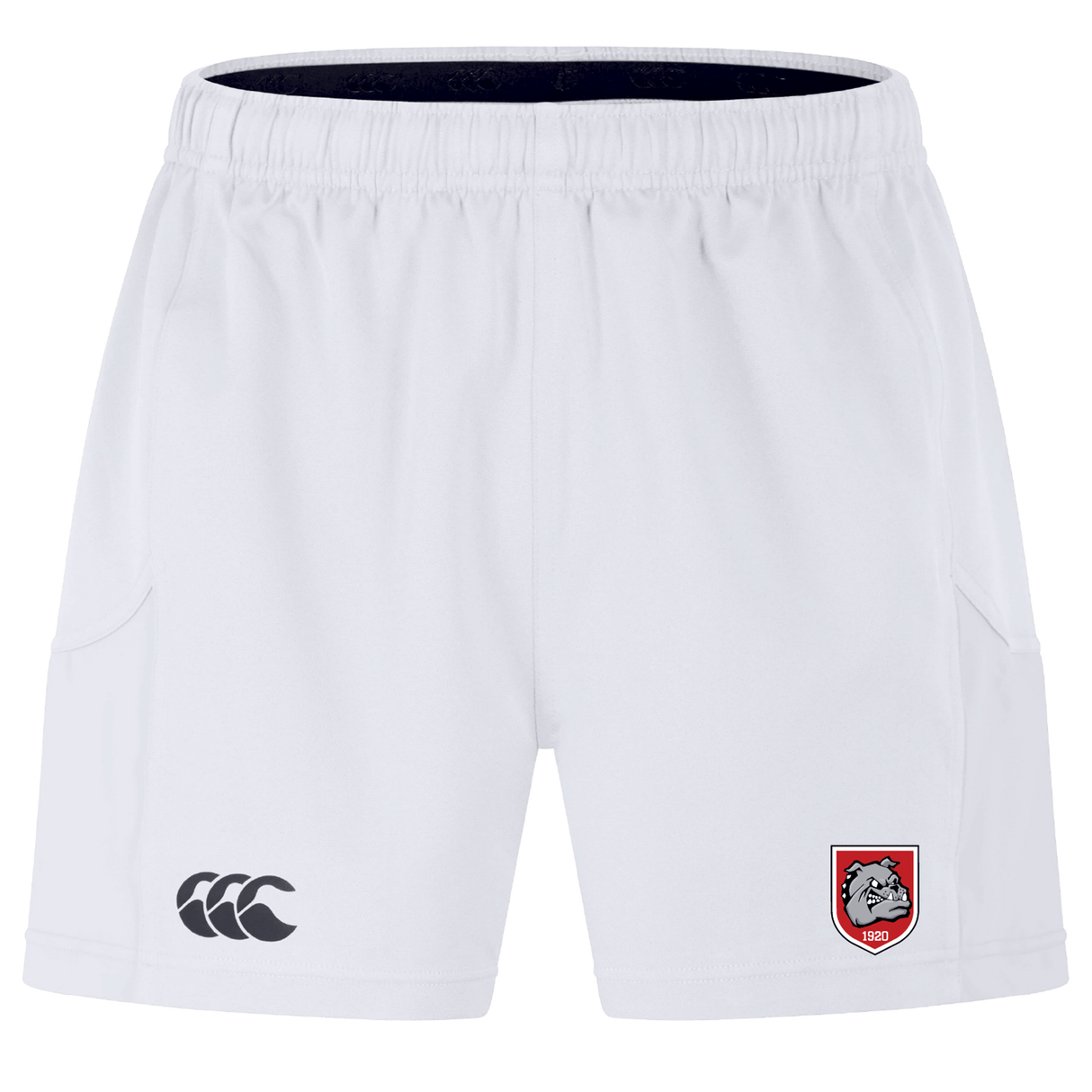 The AG Bulldogs Advantage Short 2.0 by EMB Canterbury features a black Canterbury logo on the left leg and a red and white shield-shaped bulldog emblem on the right; made from sustainable, recycled-content training shorts.