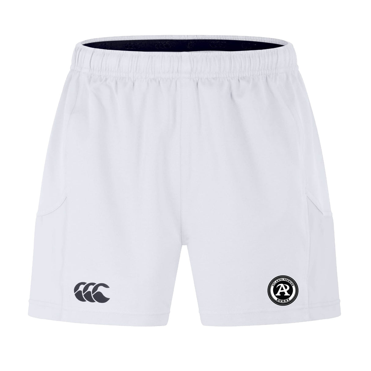 The Atlanta Premier Rugby Club Advantage Short 2.0 by EMB Canterbury offers sustainable performance with an elastic waistband, Canterbury logo on the left leg, and a circular badge on the right, made with recycled materials for eco-friendly comfort.
