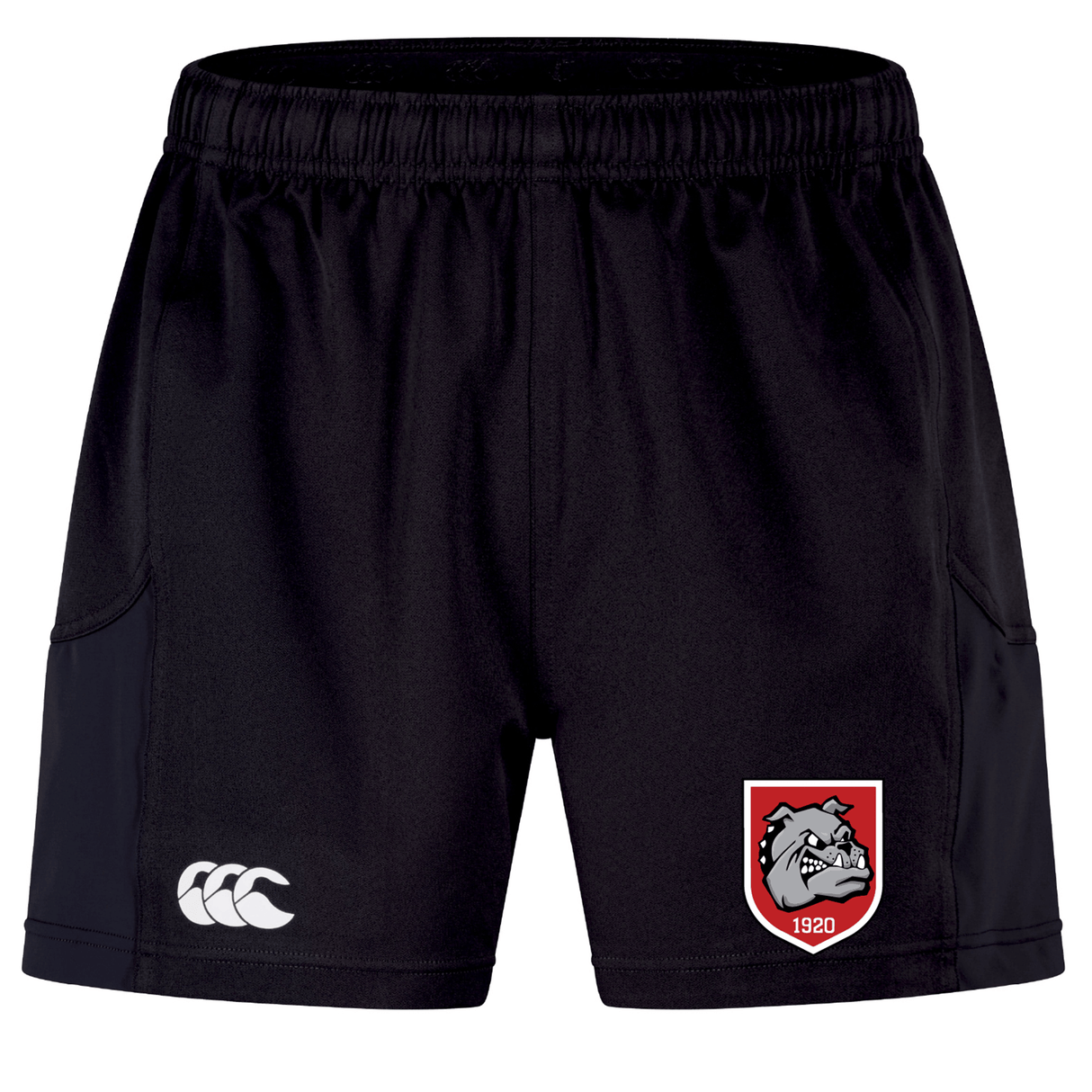 The AG Bulldogs Advantage Short 2.0 by EMB Canterbury are athletic shorts with recycled content, elastic waistband, side pockets, white Canterbury logo left leg, and a red Bulldogs team crest right leg—perfect for sustainable training.