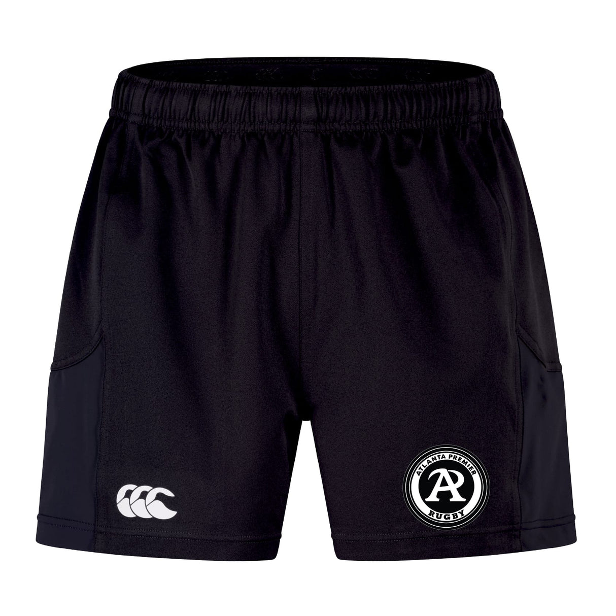The Atlanta Premier Rugby Club Advantage Short 2.0 by EMB Canterbury features an elastic waistband, a white Canterbury logo on the left leg, and a club badge on the right leg, made with recycled content for sustainable performance.