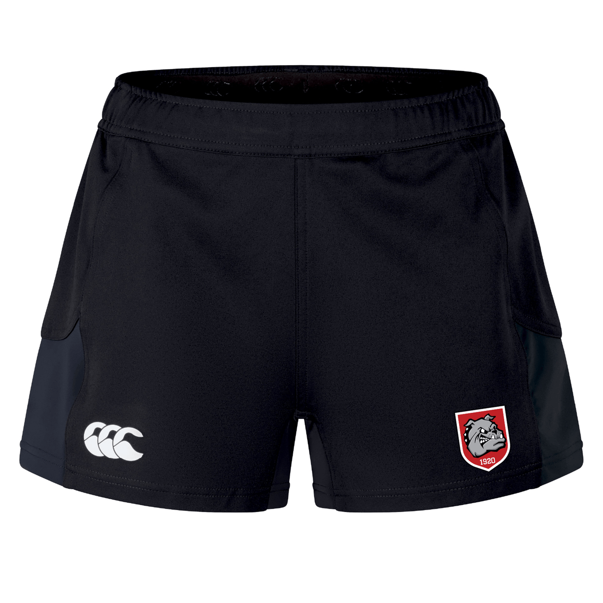 The AG Bulldogs Women's Advantage Short 2.0 by EMB Canterbury are black athletic rugby shorts with an elastic waistband, featuring a white Canterbury logo and a red-and-white bulldog team badge—crafted as sustainable sportswear.