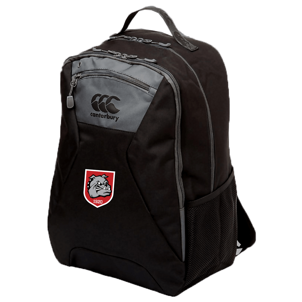 The AG Bulldogs Medium Backpack by Canterbury (EMB Canterbury) is a black athletic backpack with grey accents, a front zip pocket, mesh side pocket, and a Bulldogs 1935 logo patch on the front.