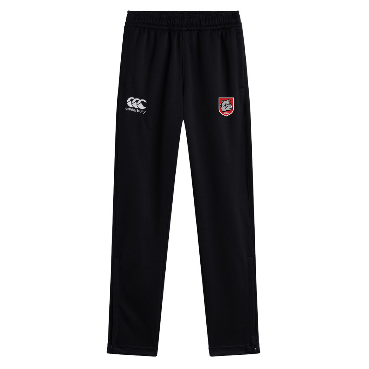 The AG Bulldogs Stretch Tapered Pant by EMB Canterbury features an elastic waistband, white Canterbury logo, and red & white crest—men’s workout pants designed for comfort and quick drying performance.