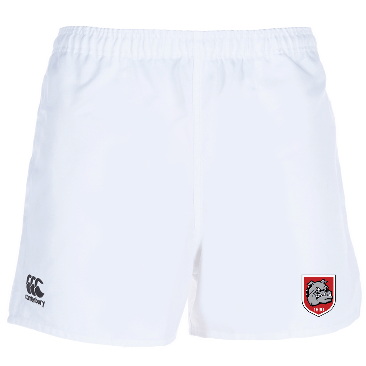 The AG Bulldogs Professional Polyester Rugby Short by EMB Canterbury features an elastic waistband, black Canterbury logo on the left, red and white team emblem on the right leg, and is made from professional-grade polyester for performance.